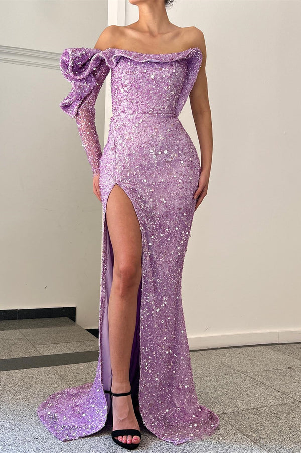 One-shoulder mermaid sequins slit evening dress with long sleeve in purple