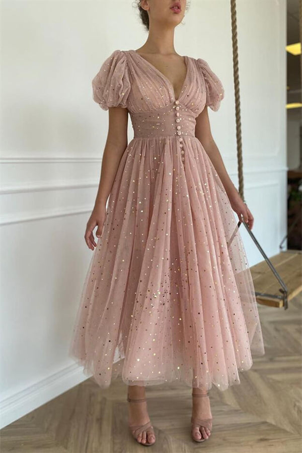 Sophisticated Taupe Pink V-Neck Short Sleeves Prom Dress Featuring Sequins