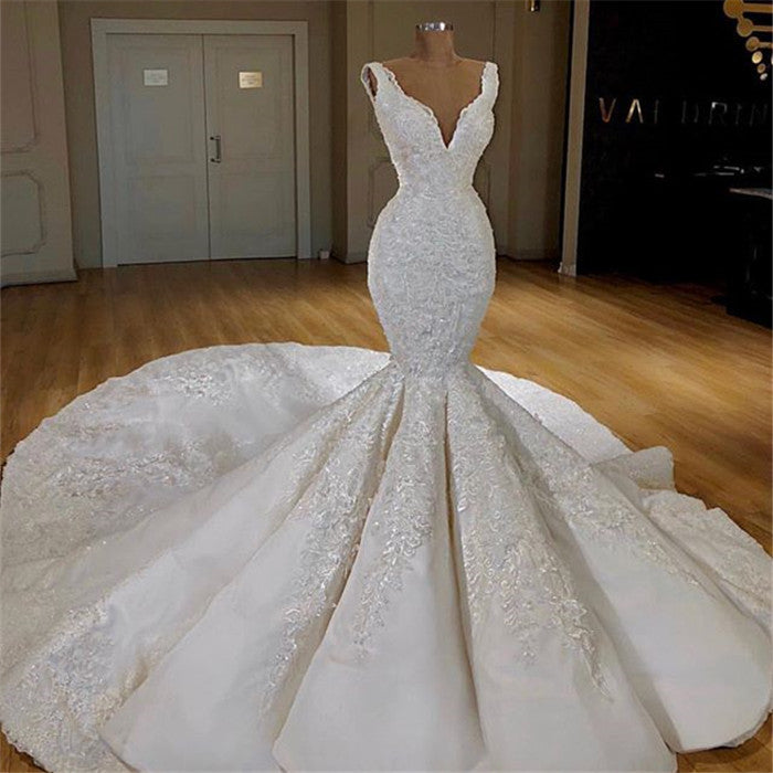 Bmbride Mermaid Lace Wedding Dress with Long Train