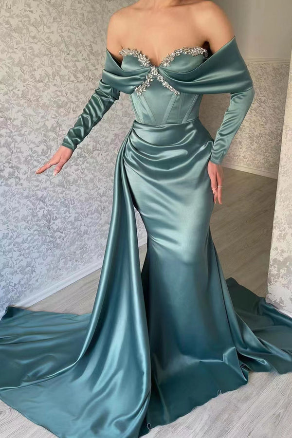 Sweetheart Portrait Long Sleeves Mermaid Prom Dress with Rhinestone Ruffles