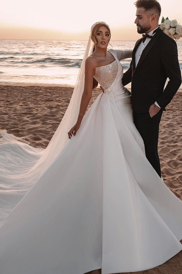 Bmbride One Shoulder Long Sleeve Sequins A-line Wedding Dress