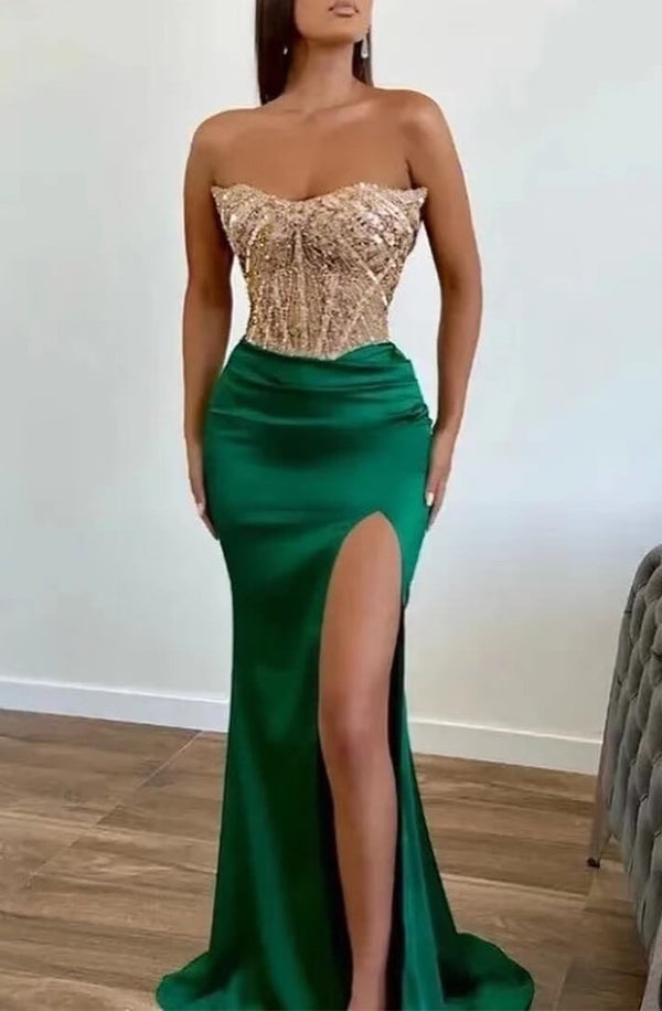 Green Beadings Mermaid Prom Dress with Applique and Strapless Design