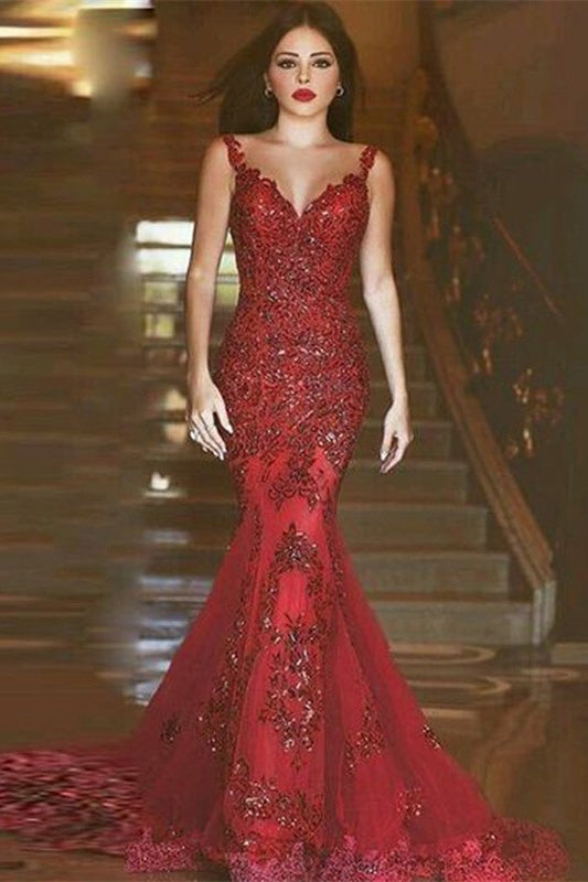 Burgundy Lace Appliques Evening Dress Mermaid