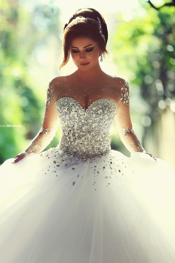 Bmbride Ball Gown Wedding Dress with Long Sleeves Crystals and Beading