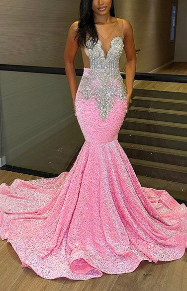 Pink Sleeveless Sequins Mermaid Evening Dress with Long Slit