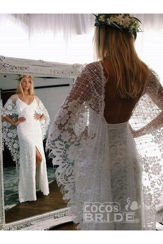 Bmbride Boho Ivory Wedding Dress with Batwing Sleeves and Rustic Lace Back