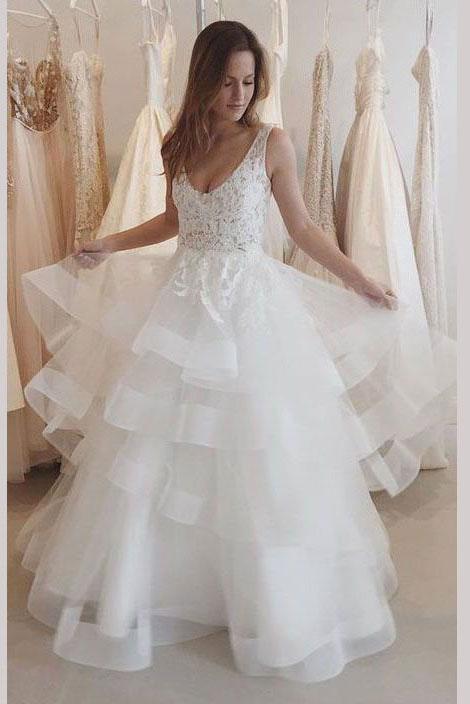 Bmbride Ivory U Neck Appliques Tulle Sleeveless Layers Wedding Dress