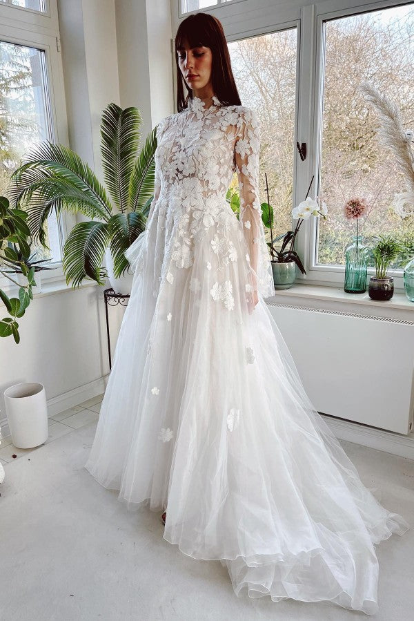 Bmbride Long A-line High Neck Tulle Lace Wedding Dresses with Sleeves