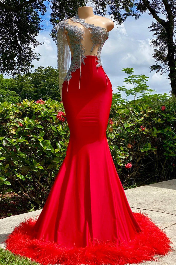 One Shoulder Strapless Red Mermaid Prom Dress with Feather Detail