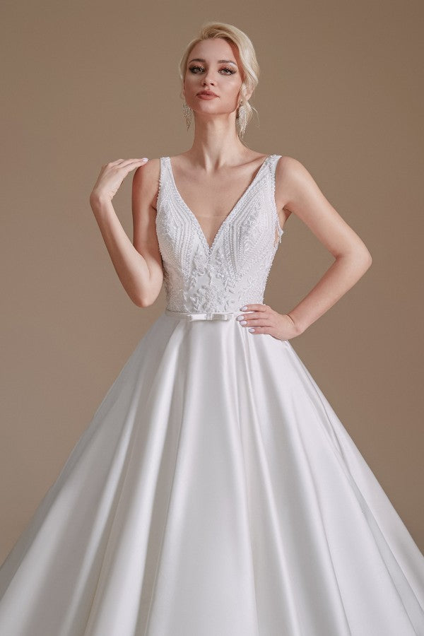 Bmbride A-line V-neck Satin Wedding Dress with Appliques Lace