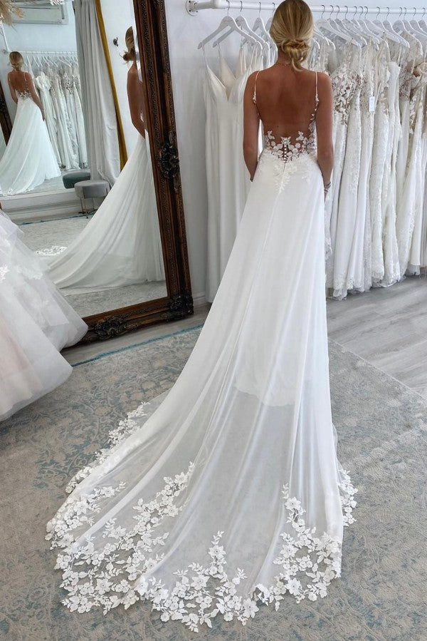 Bmbride A-line V-neck Chiffon Lace Backless Wedding Dresses