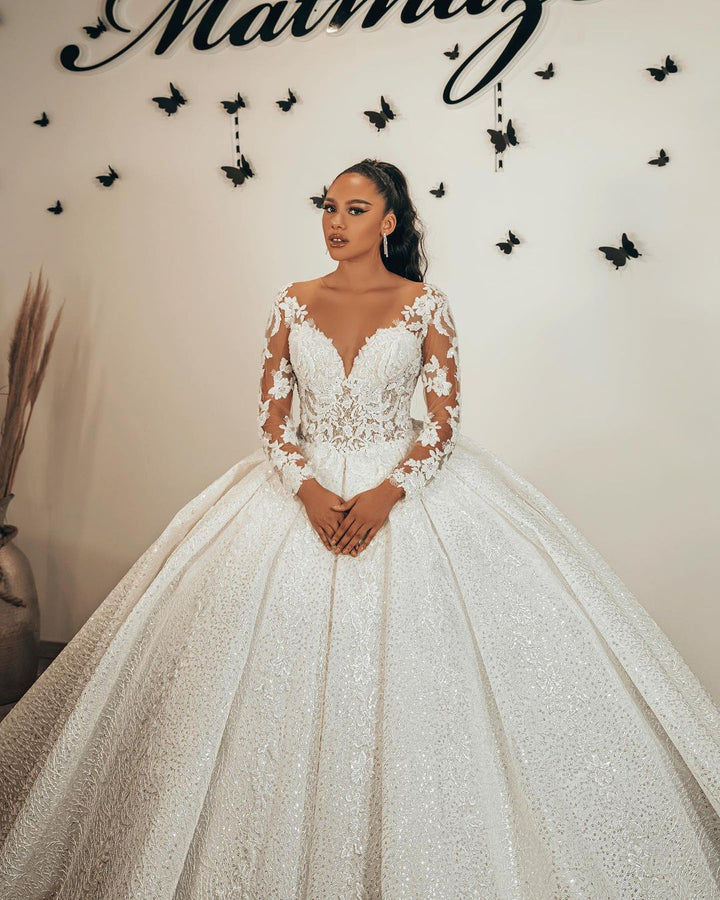 Bmbride Ball Gown Sweetheart Long Sleeve Wedding Dress