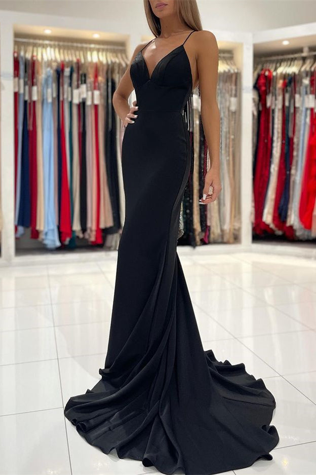 Charmeuse Mermaid Long Prom Dress with Black Spaghetti Straps