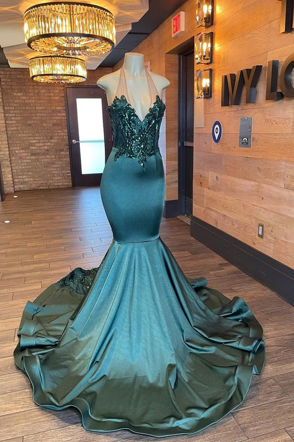 Elegant Evening Dress Dark Green Halter Sleeveless Appliques