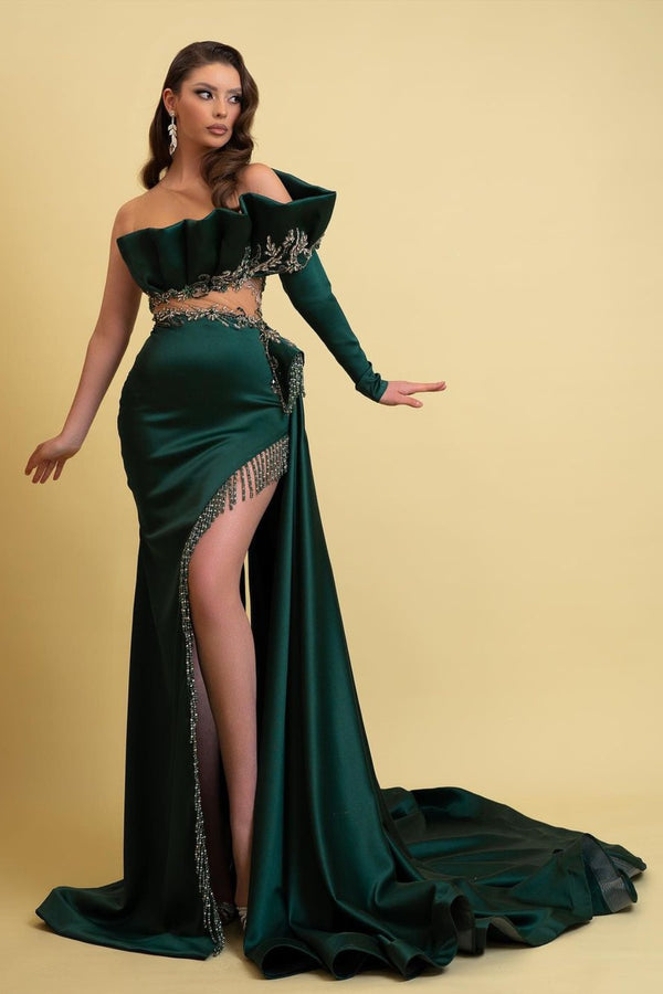 Dark Green Long Sleeves Charmeuse Prom Dress With Tassel High Slit Trail


Chic Dark Green Long Sleeves Charmeuse Prom Dress With Tassel High Slit Trail