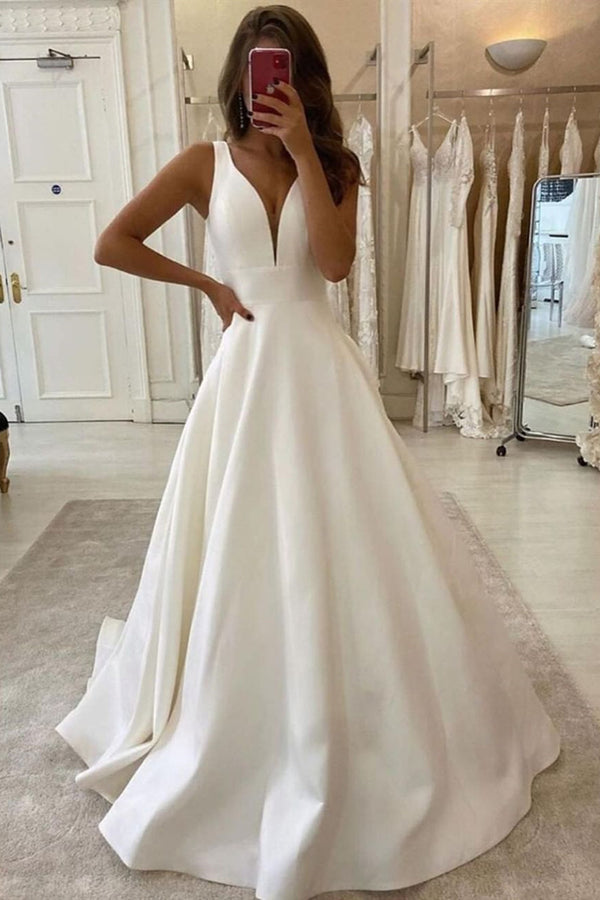 Bmbride Elegant Satin Wedding Dress with Wide Straps V-neck Ruffles Floor-length A-Line