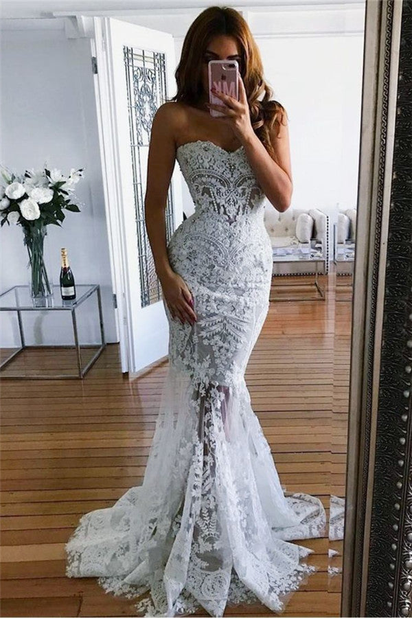 Bmbride Mermaid Lace Appliques Wedding Dress