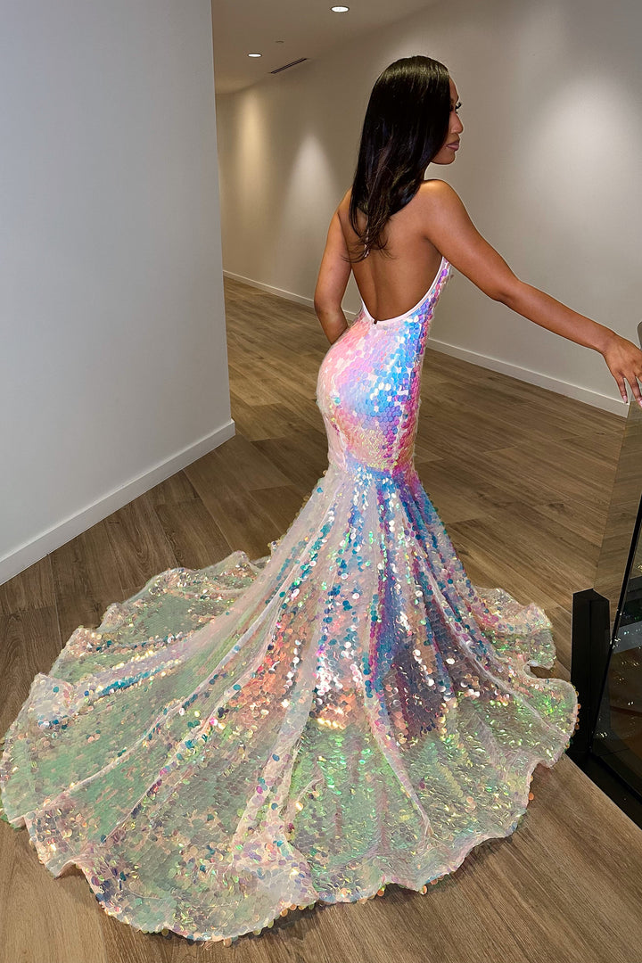 Sequins Halter Evening Dress with V Neck Mermaid Tulle