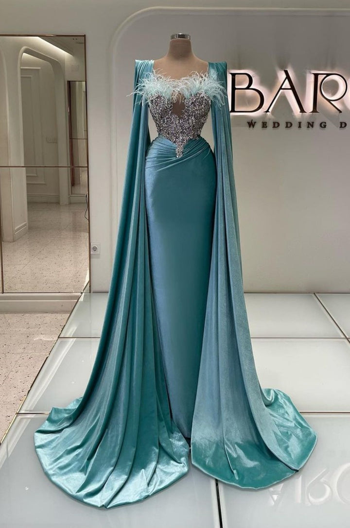 Sky Blue Evening Dress with Feather Long Sleeves Beadings and Mermaid Appliques