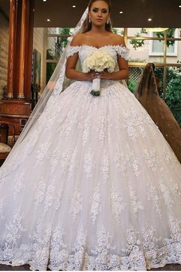 Bmbride Luxurious Long Ball Gown Off-the-shoulder Lace Wedding Dress with Cathedral Train