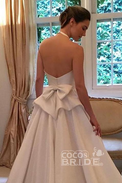 Bmbride Halter Satin Backless Wedding Dress with Bow