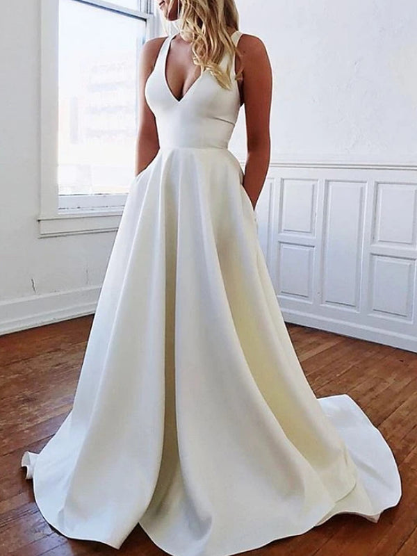 Bmbride Sexy Plus Size Sleeveless Stretch Satin A-Line Wedding Dress with Plunging Neck and Sweep/Brush Train