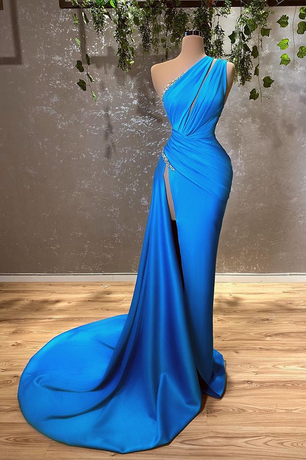 One Shoulder Evening Dress: Ocean Blue Mermaid Long With Split