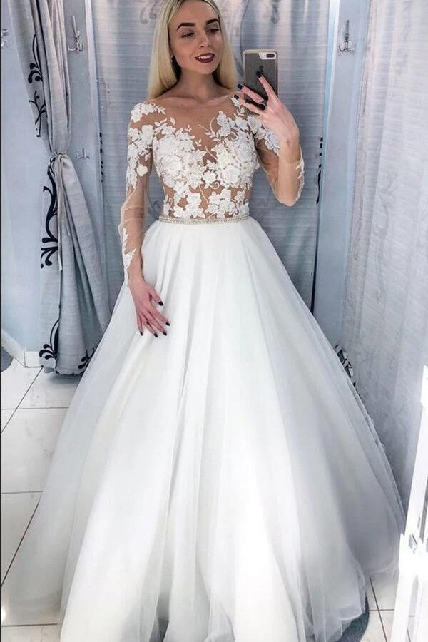 Bmbride A-Line Bateau Long Sleeve Appliques Lace Floor-length Tulle Wedding Dress