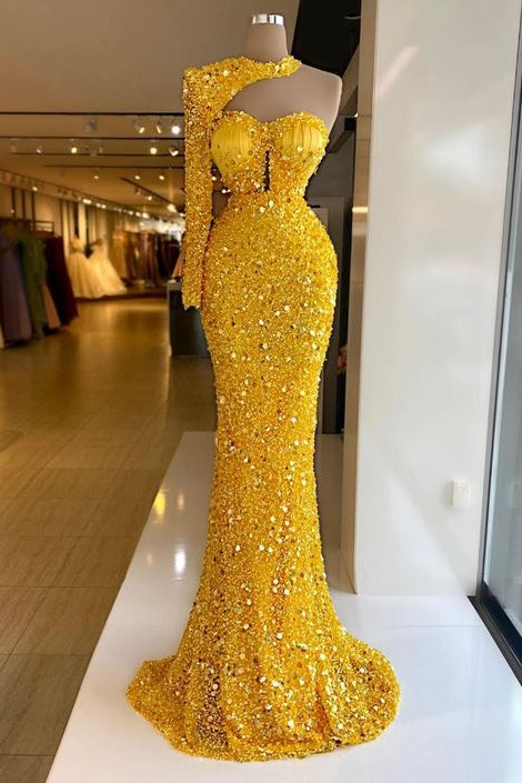 Yellow Halter One Shoulder Long Sleeve Mermaid Prom Dress With Sequins


Yellow Sequined Halter One-Shoulder Long Sleeve Mermaid Prom Dress