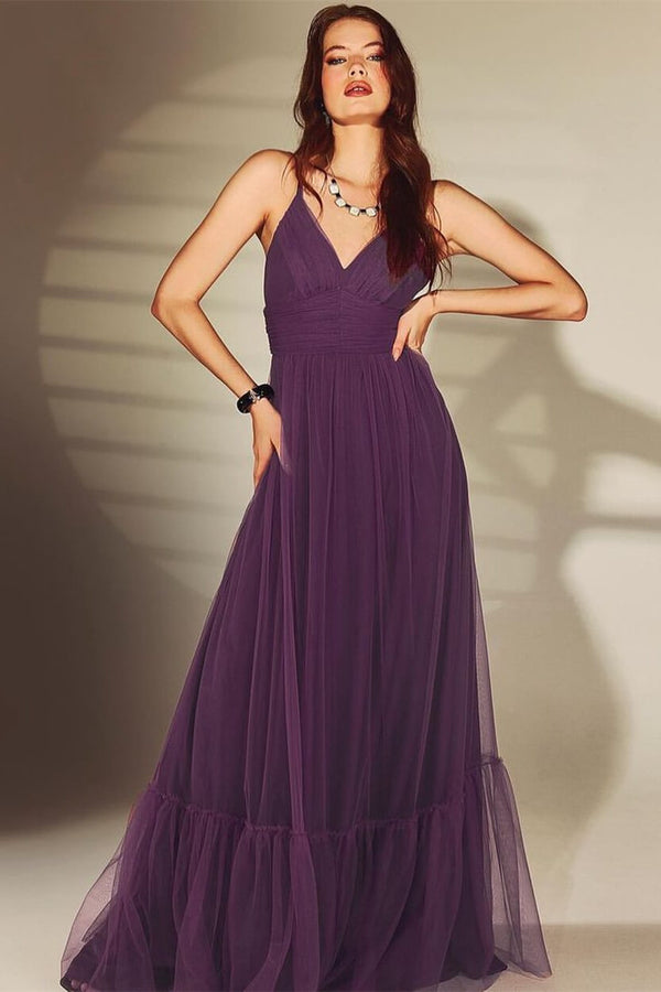 Online Dark Purple V-Neck Spaghetti-Straps Evening Dress