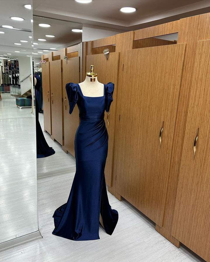 Long Royal Blue Mermaid Prom Dress with Bubble Sleeves and Square Neckline Slit