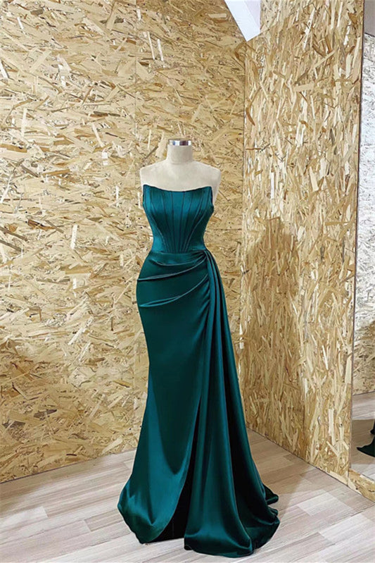 Strapless Long Mermaid Prom Dress - Dark Green with Pleats and Ruffles