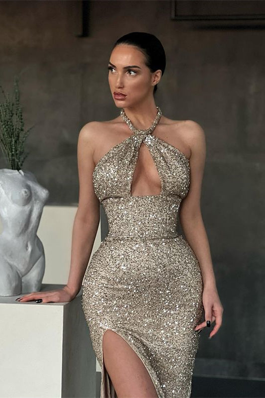 Sleeveless Halter Long Sequins Mermaid Evening Dress with Split