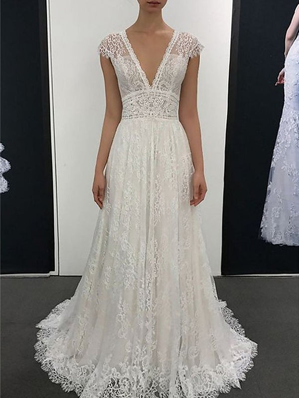 Bmbride Romantic Wedding Dresses: A-Line V Neck Court Train with Lace Cap Sleeve