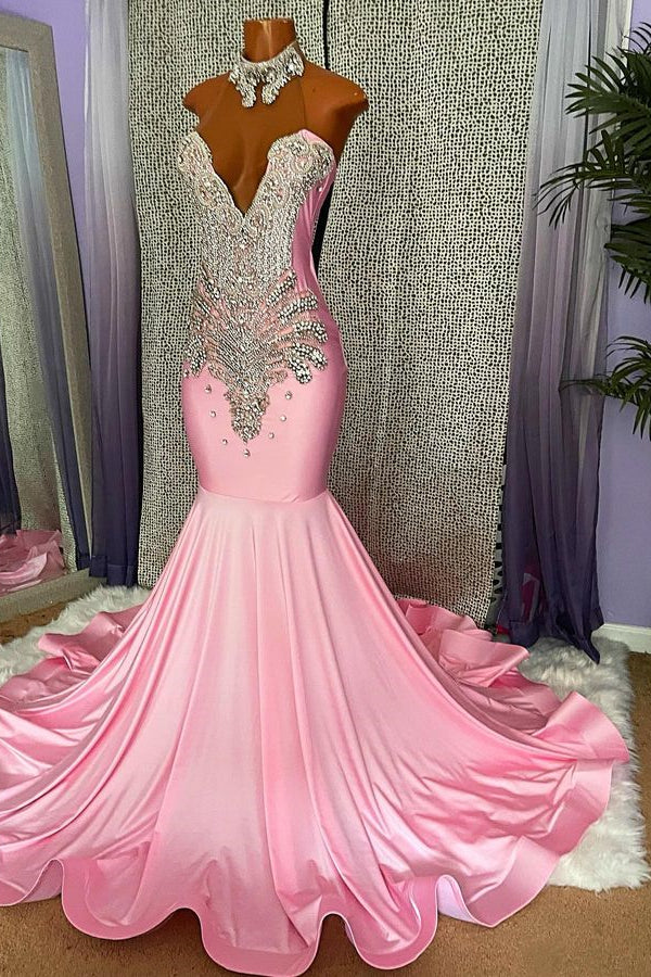 Pink Halter Appliques Rhinestone Long Evening Dress