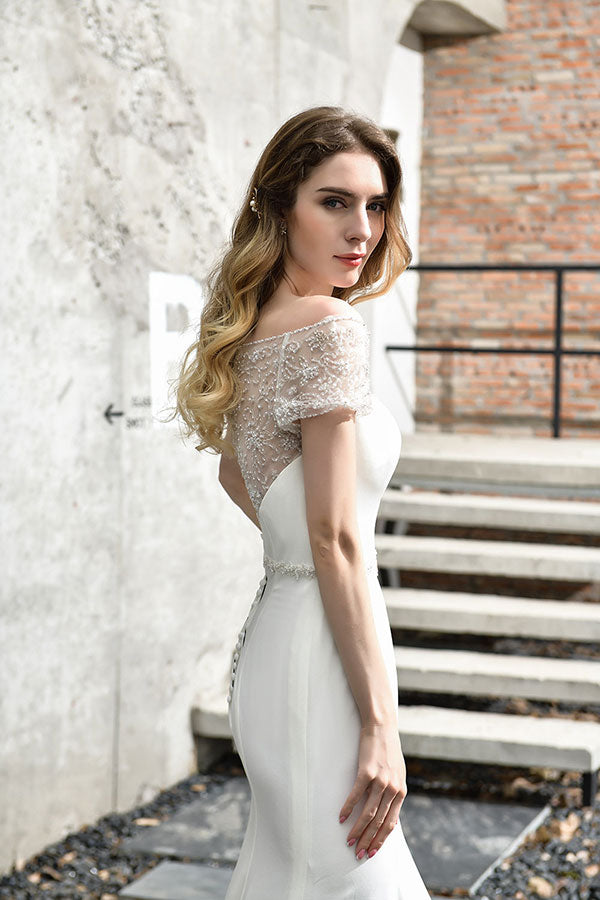 Bmbride Short-Sleeve Mermaid Satin Lace Bridal Gown