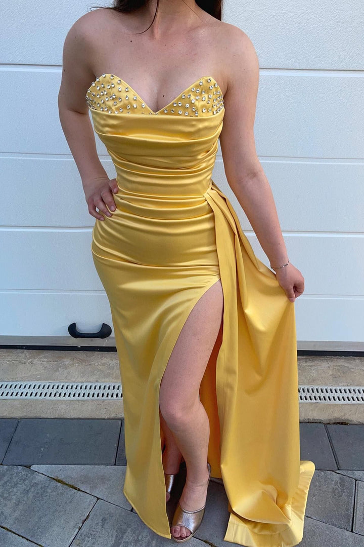 Sweetheart Mermaid Evening Dress with Yellow Beads and Ruffles Split