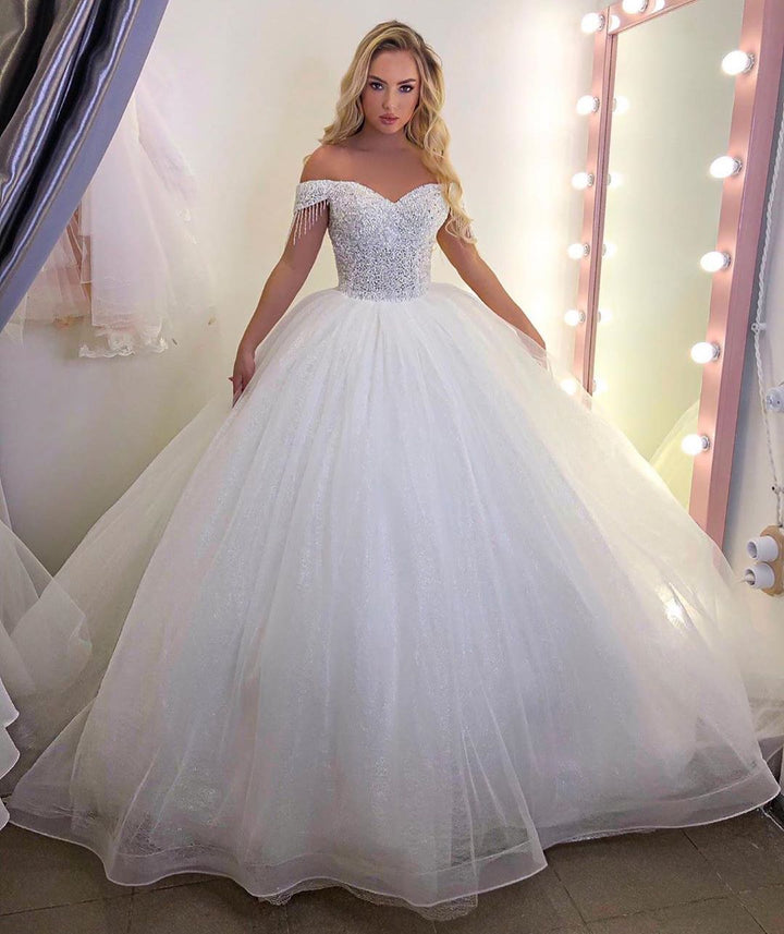 Bmbride Luxurious Long Princess Off-the-Shoulder Tulle Wedding Gown