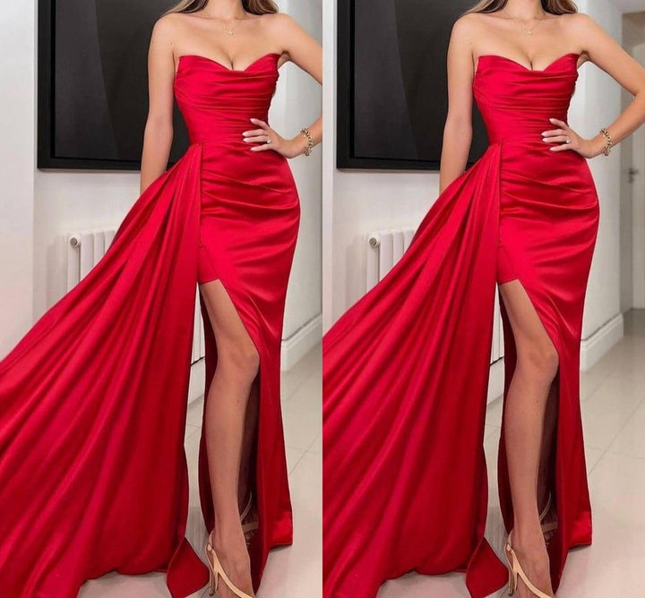 Sleeveless Red Prom Dress with Long Slit and Trailing