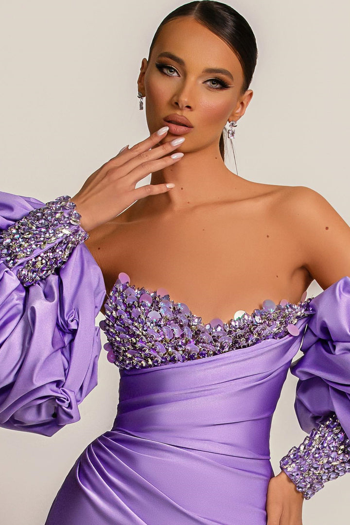 Mermaid Prom Dress with Purple Bubble Sleeves