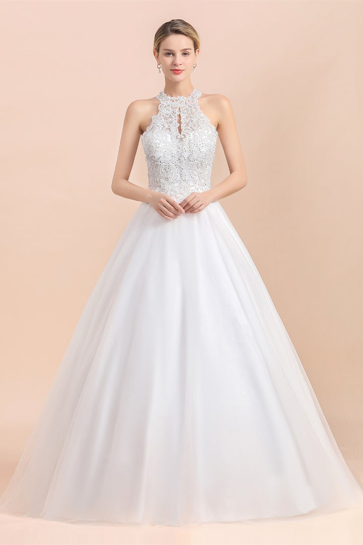 Bmbride Sleeveless Wedding Dress with Halter Lace Appliques and A-line Sequins