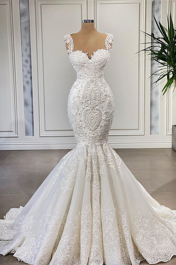 Bmbride Elegant Long Mermaid Sweetheart Ruffles Lace Wedding Dress