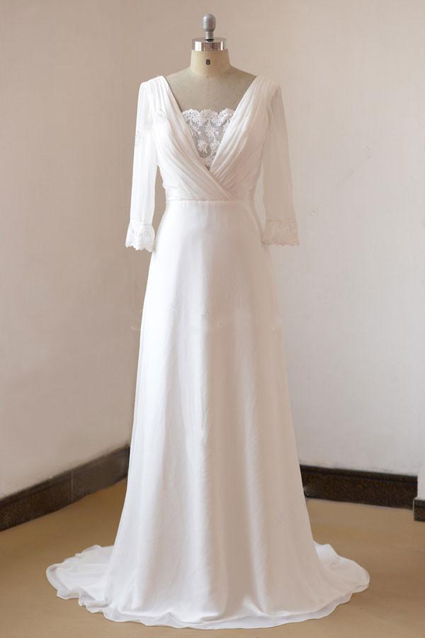 Bmbride Chic 3/4 Sleeves and Backless Long Chiffon Beach Wedding Dress