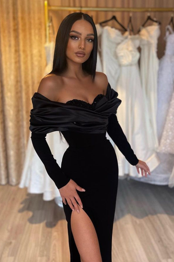 Mermaid Prom Dress Half-Sleeve With Slit Black Pleated