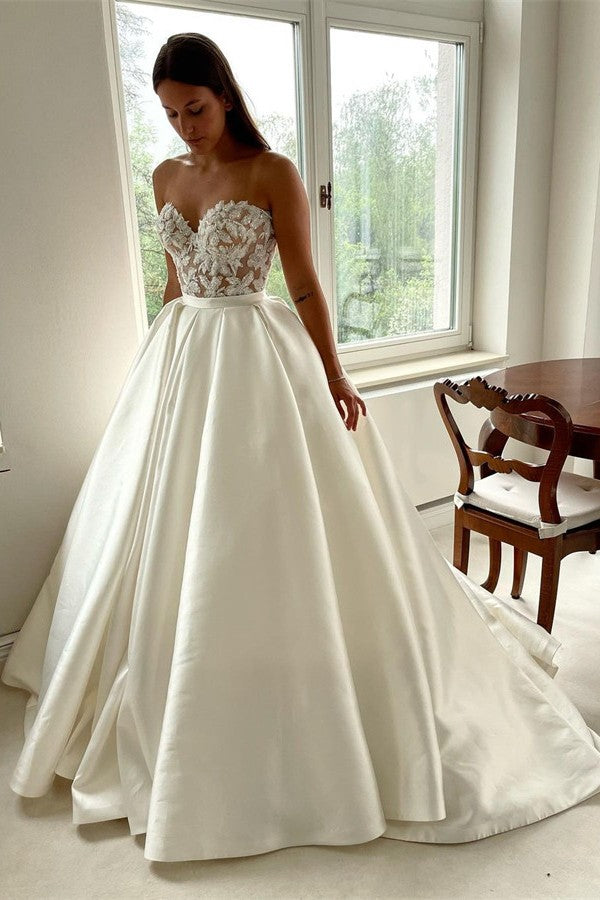 Bmbride Gorgeous Long A-line Sweetheart Satin Lace Bridal Gown