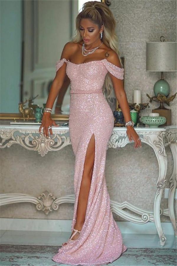 Sequins Mermaid Evening Dress With Split - Pink