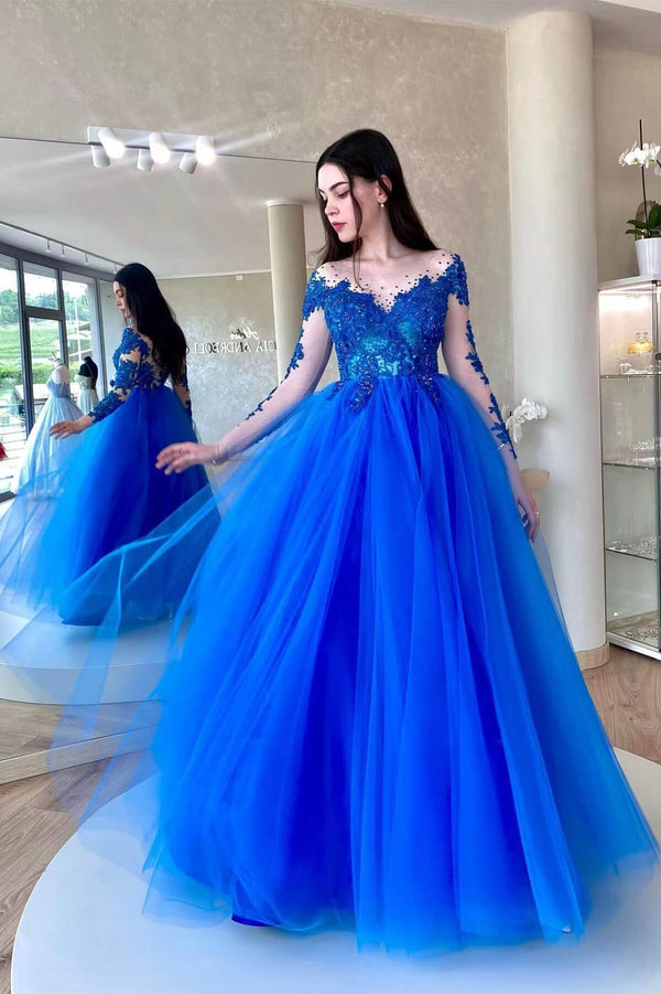 Royal Blue Long Sleejson Sleeves Tulle Prom Dress With Appliques