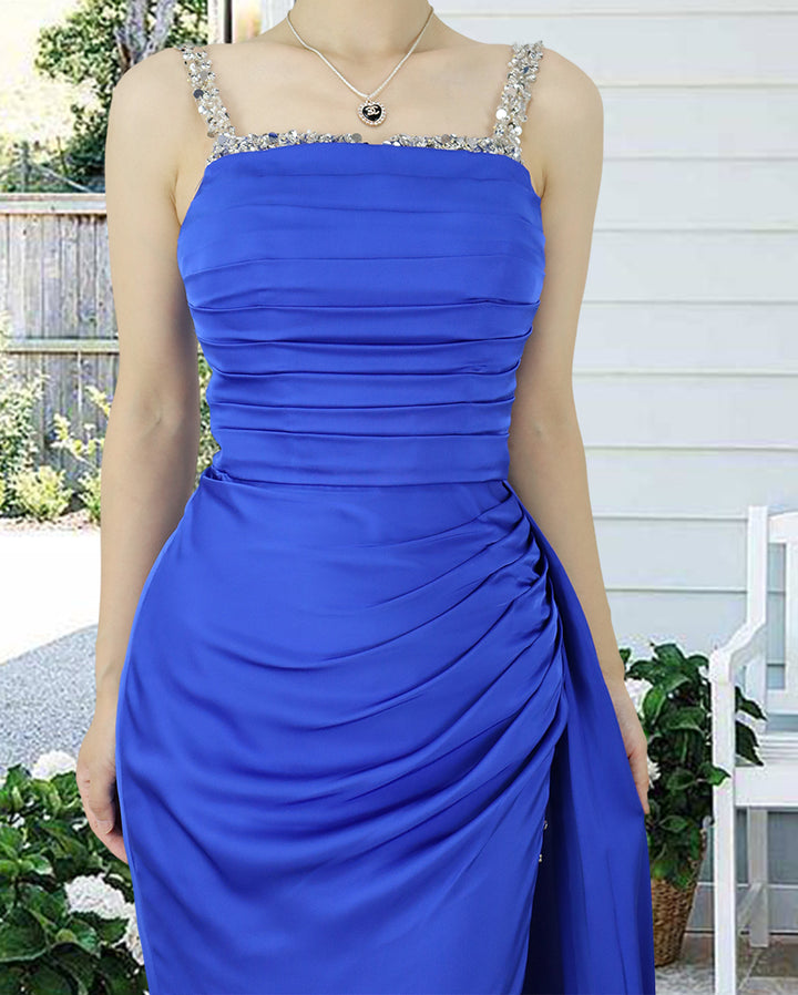 Royal Blue Sweetheart Long Prom Dress With Slit Sleeveless Pleated