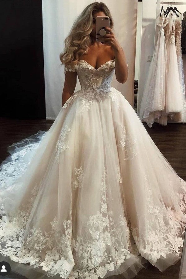 Bmbride Luxurious Long A-line Off-the-shoulder Tulle Lace Wedding Dress