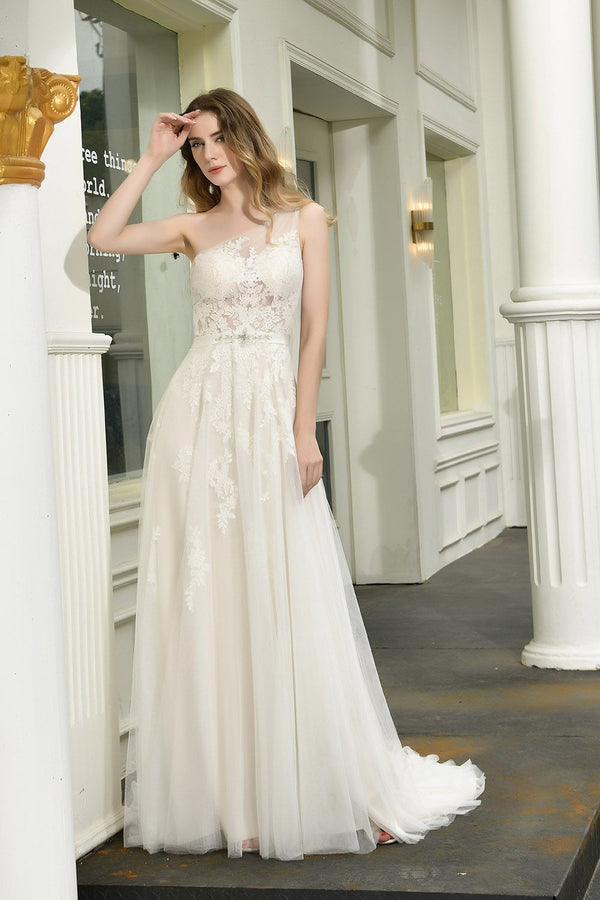 Bmbride Elegant One Shoulder Tulle Lace A-Line Wedding Dress